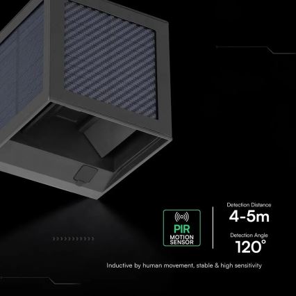 LED-aurinkoseinävalaisin tunnistimella LED/9W/3,7V 3000/4000/6000K IP65 2600 mAh musta