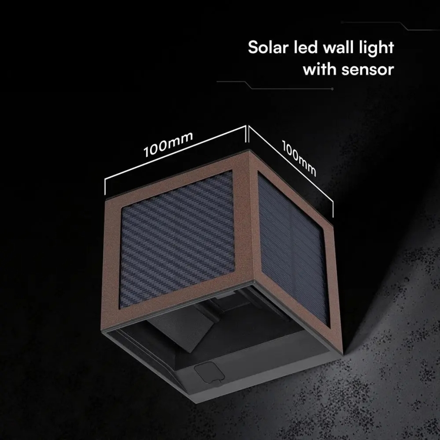 LED-aurinkokennoseinävalaisin anturilla LED/9W/3,7V 3000/4000/6000K IP65 2600 mAh ruskea