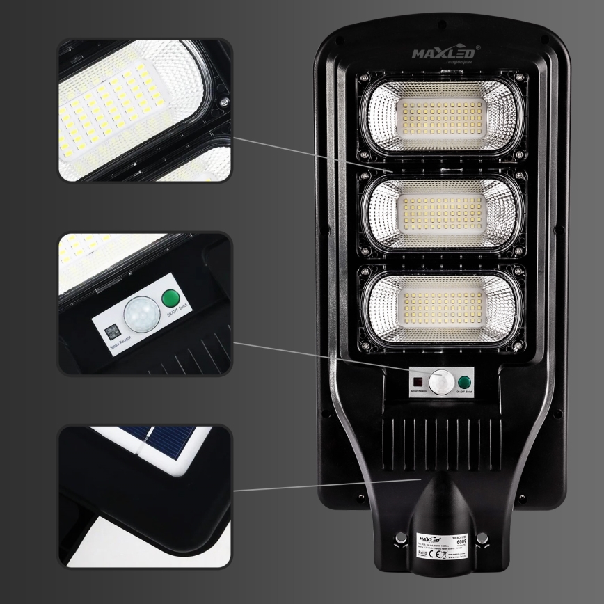 LED Himmennettävä aurinkokennoinen katulamppu anturilla LED/180W/6V 11000 mAh 6500K IP65 musta + kauko-ohjaus