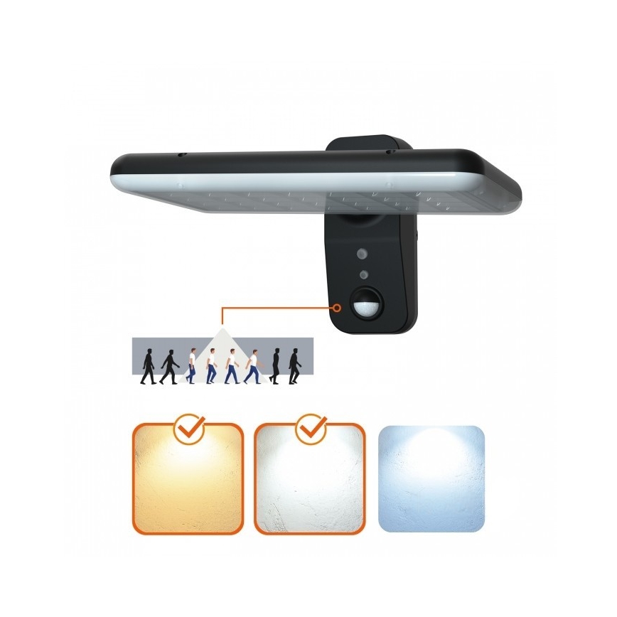 Aurinkokennolla varustettu LED-seinävalaisin anturilla PHOENIX LED/15W/3,2V 3000/4000K IP65 6000 mAh