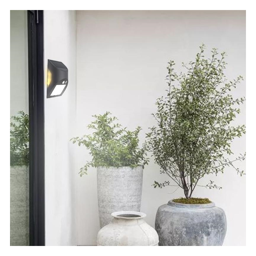 LED-aurinkokäyttöinen seinävalaisin anturilla LED/3W/3,7V 3000/4000K 1200 mAh IP54 antrasiitti