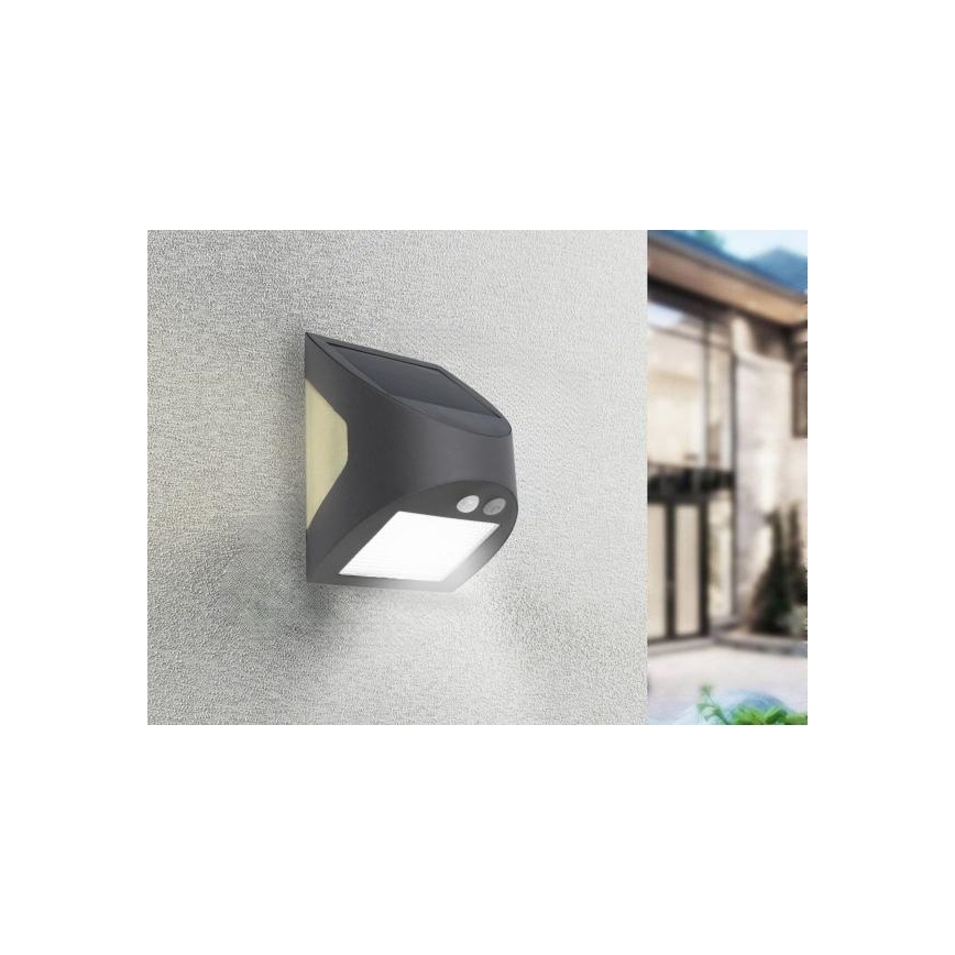 LED-aurinkokäyttöinen seinävalaisin anturilla LED/3W/3,7V 3000/4000K 1200 mAh IP54 antrasiitti