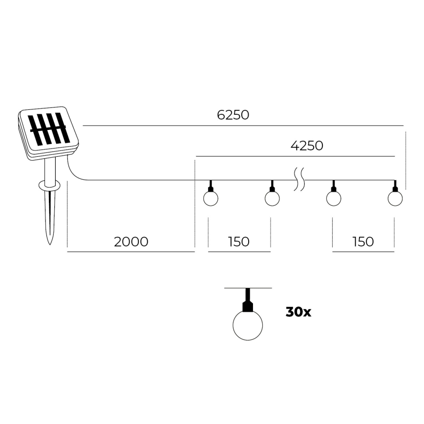 LED aurinkoketju 30xLED/0,12W/1,2V 1xAA 3000K IP44 400 mAh