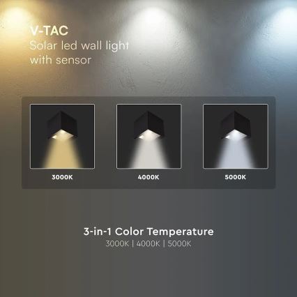 LED-aurinkokennolla varustettu seinävalaisin anturilla LED/9W/3,7V 3000/4000/5000K IP65 2600 mAh musta