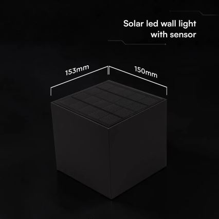 LED-aurinkokennolla varustettu seinävalaisin anturilla LED/9W/3,7V 3000/4000/5000K IP65 2600 mAh musta