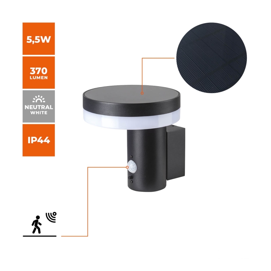 LED aurinkokennoseinävalaisin anturilla SOLARIS3 LED/5,5W/3,7V 4000K IP44 2600 mAh