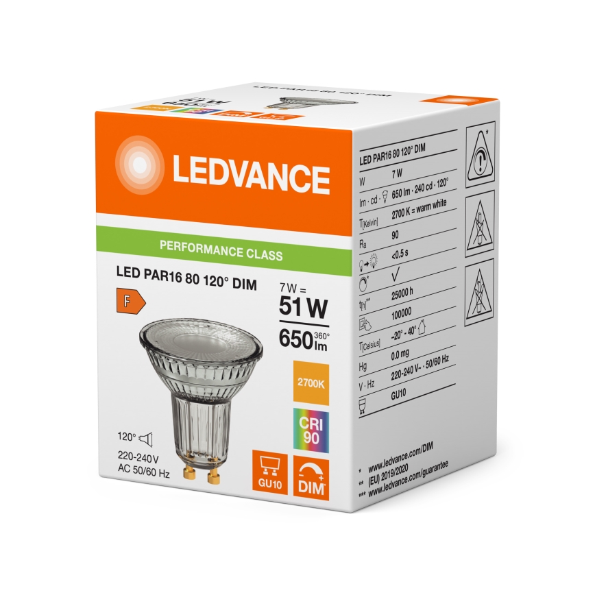 LED himmennettävä reflektorilamppu PAR16 GU10/7W/230V 2700K 120° CRI 90 - Ledvance