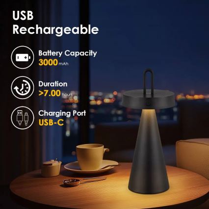 LED-himmennettävä ladattava kosketusohjattu ulkokäyttöön sopiva pöytävalaisin HALO LED/1,5W/3,7V 3000 mAh IP44 musta