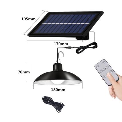 Himmennettävä aurinkokäyttöinen riippuvalaisin köydellä ja anturilla, LED 1,8 W/3,7 V, IP44, 6500 K, 1600 mAh + kaukosäädin