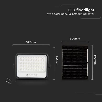 LED-himmennettävä aurinkokennolla varustettu valonheitin LED/300W/3,2V 2000-8000K IP65 15000 mAh musta + kaukosäädin