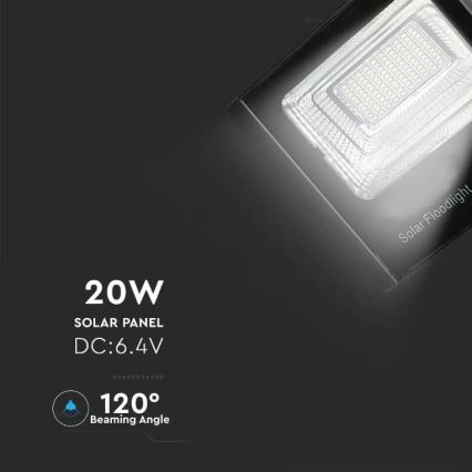 LED himmennettävä aurinkokäyttöinen heijastin LED/20W/6,4V 4000K IP65 10000 mAh + kaukosäädin