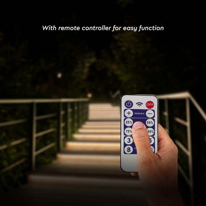 LED himmennettävä aurinkokäyttöinen LED-nauha LED/1,2W/3,7V 4000K IP67 1500 mAh 5m + kaukosäädin