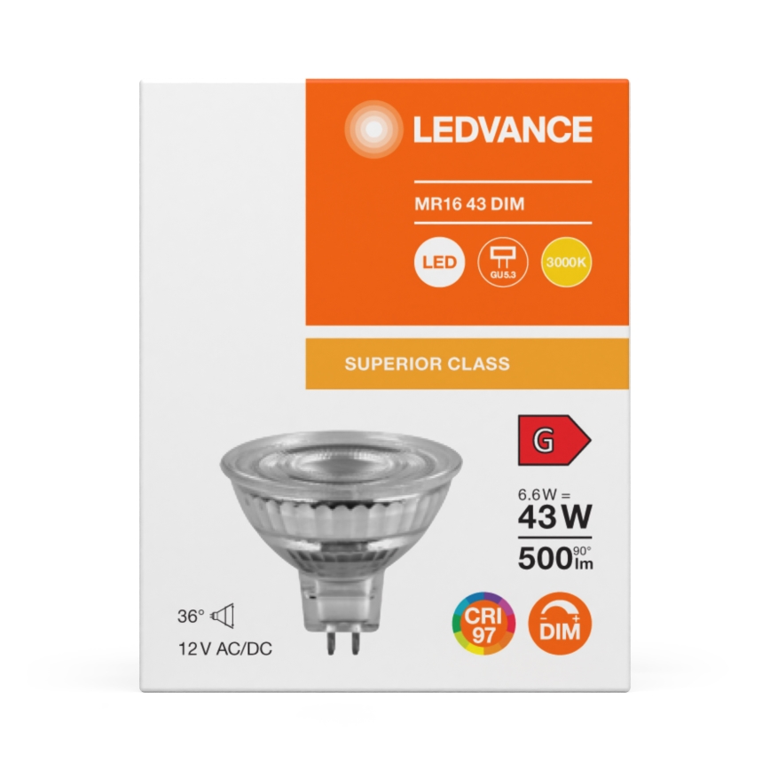 LED-himmennettävä MR16-reflektorilamppu GU5,3/6,6W/12V 3000K 36° CRI 97 - Ledvance
