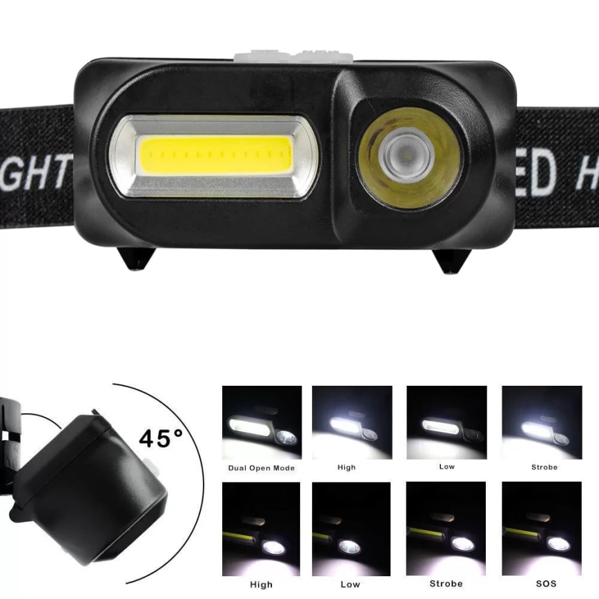 LED himmennettävä ladattava otsalamppu 2xLED/5V IP44 210 lm 2000 mAh