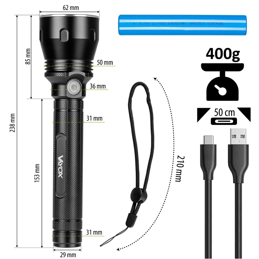 LED himmennettävä ladattava taskulamppu LED/20W/5V IPX5 1570 lm 8400 mAh