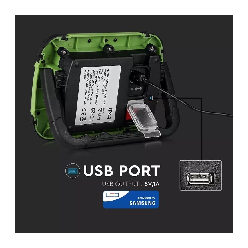LED Himmennettävä ladattava valonheitin SAMSUNG CHIP + toiminto SOS LED/10W/3,7V/USB IP44 4000K 3600 mAh vihreä