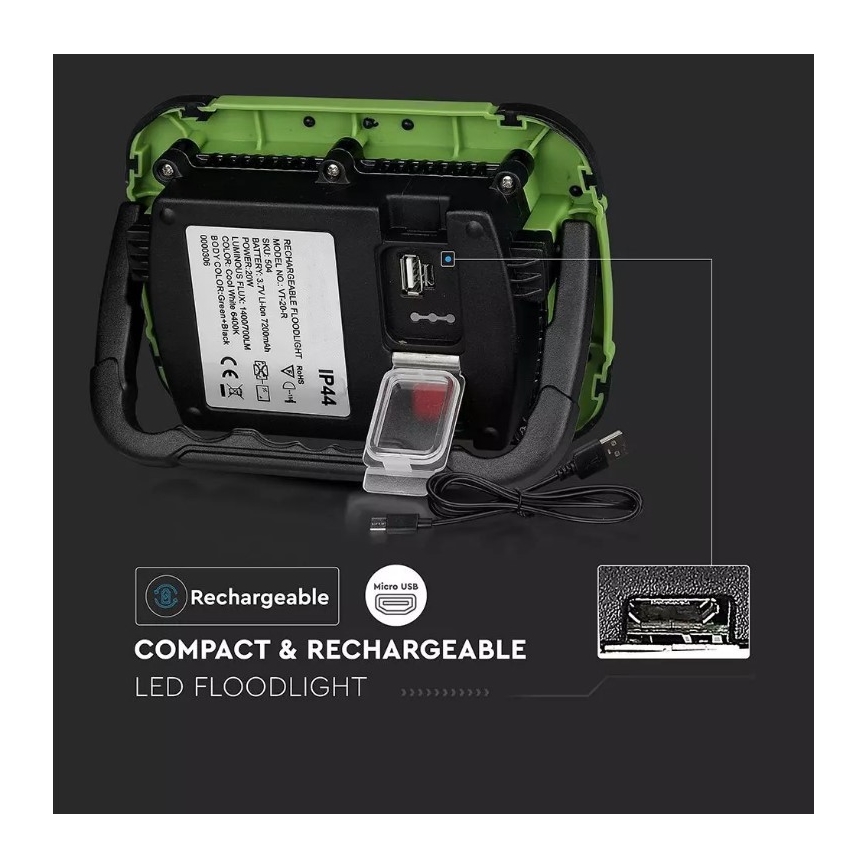 LED Himmennettävä ladattava valonheitin SAMSUNG CHIP + toiminto SOS LED/20W/3,7V/USB IP44 4000K 7200 mAh vihreä