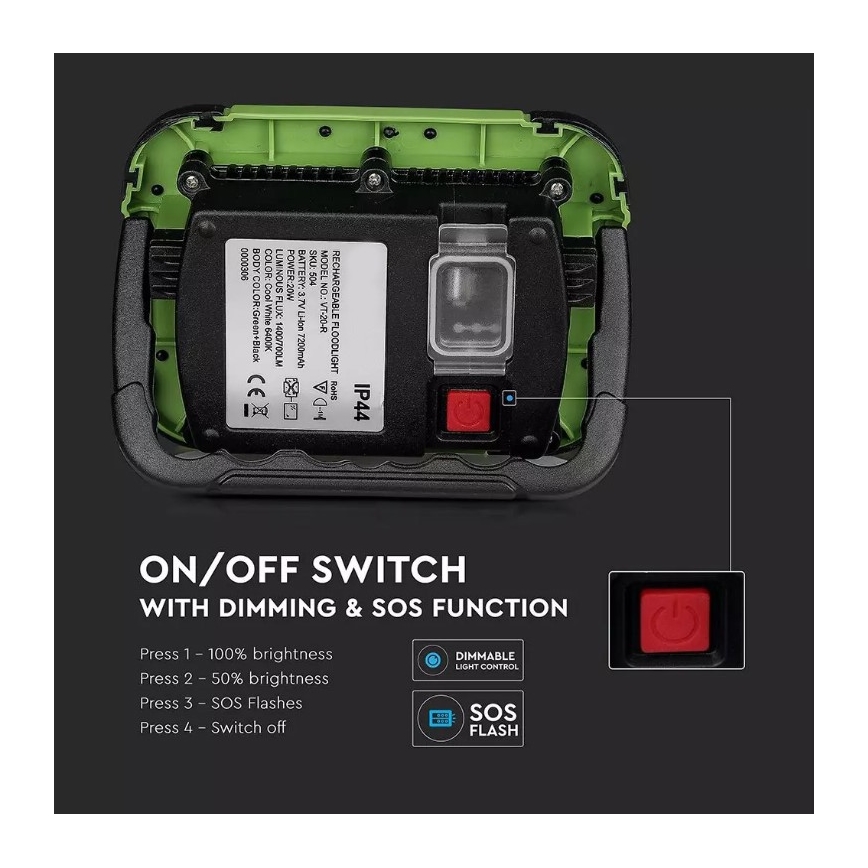 LED Himmennettävä ladattava valonheitin SAMSUNG CHIP + toiminto SOS LED/20W/3,7V/USB IP44 4000K 7200 mAh vihreä