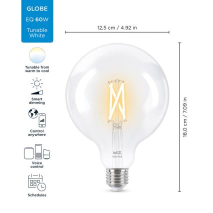 LED Himmennettävä polttimo FILAMENT G125 E27/7W/230V 2700-6500K CRI 90 Wi-Fi - WiZ