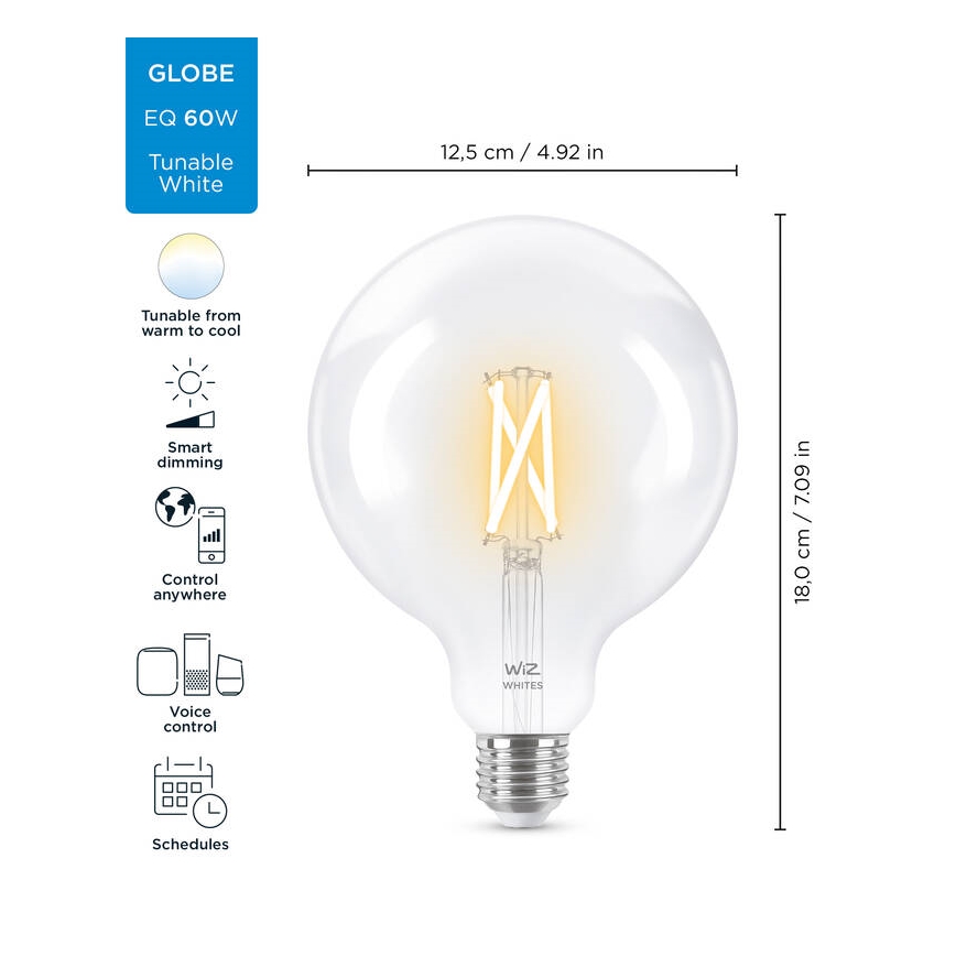 LED Himmennettävä polttimo FILAMENT G125 E27/7W/230V 2700-6500K CRI 90 Wi-Fi - WiZ