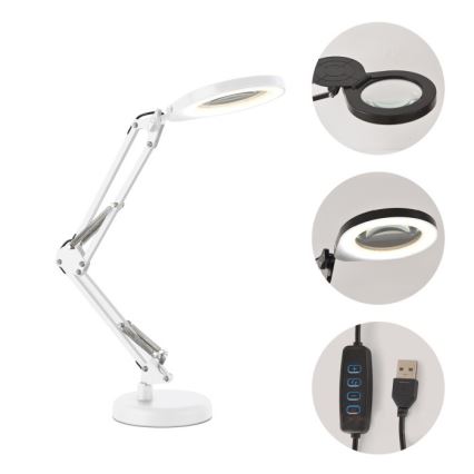 Himennettävä LED-pöytälamppu suurennuslasilla 2-in-1 AURIQ LOUPE LED/10W/5V 3000/4000/6500K valkoinen