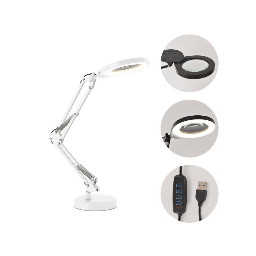 Himennettävä LED-pöytälamppu suurennuslasilla 2-in-1 AURIQ LOUPE LED/10W/5V 3000/4000/6500K valkoinen