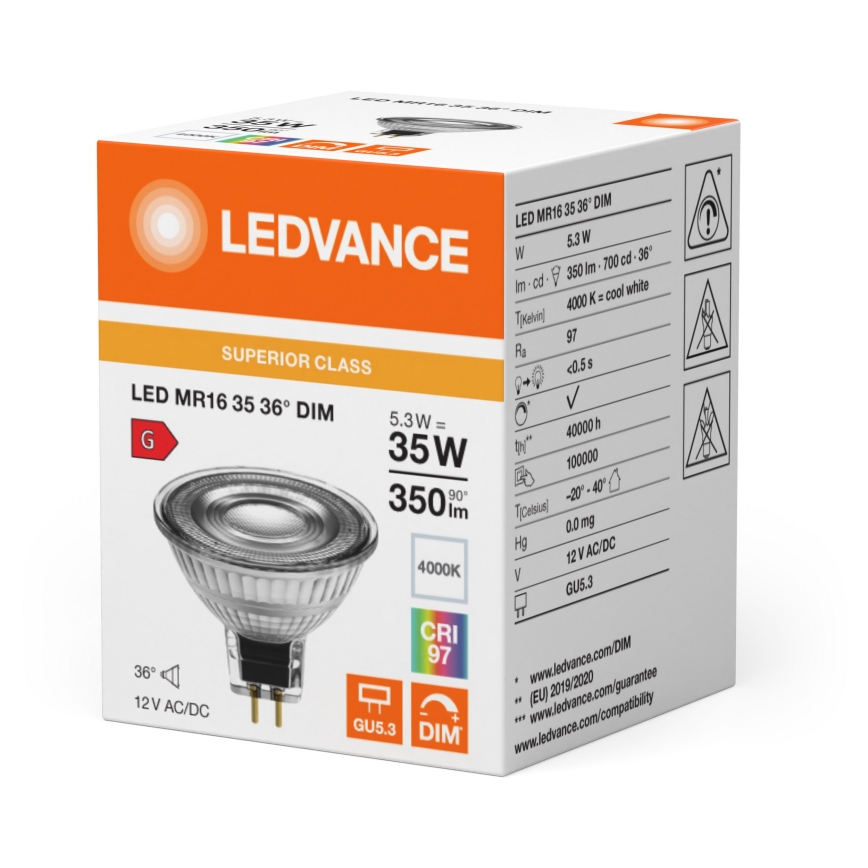 LED himmennettävä reflektorilamppu MR16 GU5,3/5,3W/12V 4000K 36° CRI 97 - Ledvance