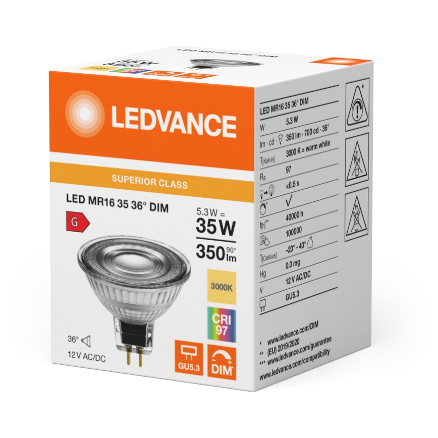 Himmennettävä LED-reflektorilamppu MR16 GU5,3/5,3W/12V 3000K 36° CRI 97 - Ledvance