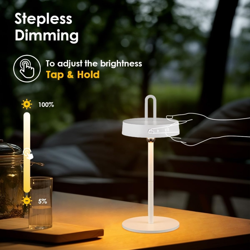 LED-himmennettävä ulkokäyttöön sopiva ladattava kosketusohjattu pöytälamppu GENTLE LED/1,5W/3,7V 3000 mAh IP44 valkoinen