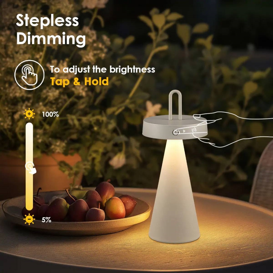 Himmennettävä, ulkokäyttöön tarkoitettu, ladattava kosketusohjattu pöytälamppu HALO LED/1,5W/3,7V 3000 mAh IP44 harmaa