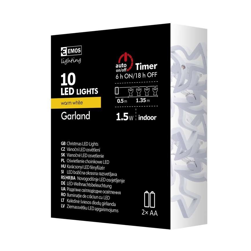 LED-jouluketju CHAIN 10xLED/2xAA 1,85m lämmin valkoinen
