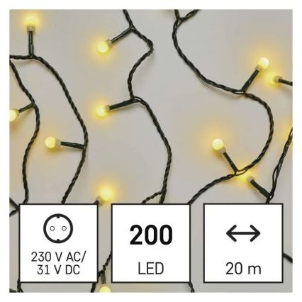 LED-jouluköynnös 200 LED, 8 toimintoa, 20 m, IP44, lämmin valkoinen