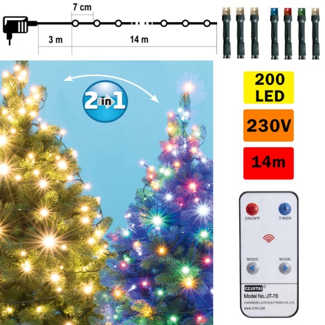 LED jouluvalot ulos 200xLED 17m IP44 lämmin valkoinen/monivärinen + kaukosäädin