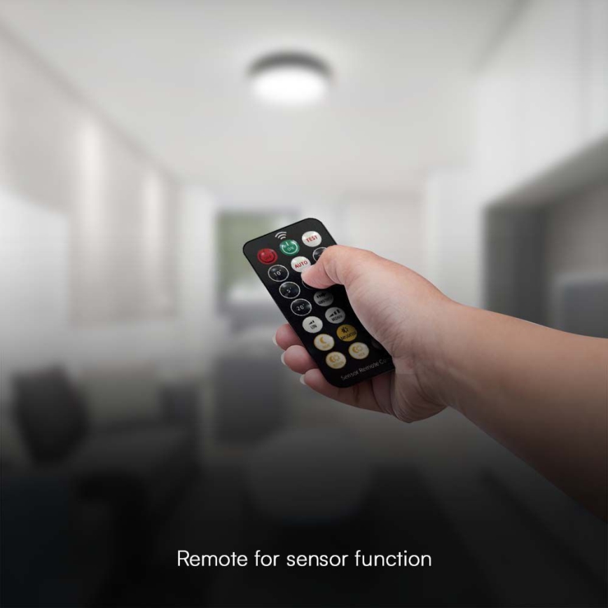 LED-kattovalaisin kylpyhuoneeseen anturilla LED/18W/230V 4000K IP44 halkaisija 29,5 cm musta + kauko-ohjaus