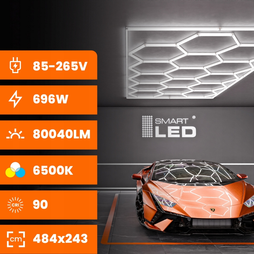 LED-kattovalaisin HEXAGON LED/696W/85-265V 6500K 484x243 cm CRI 90 IP44 valkoinen