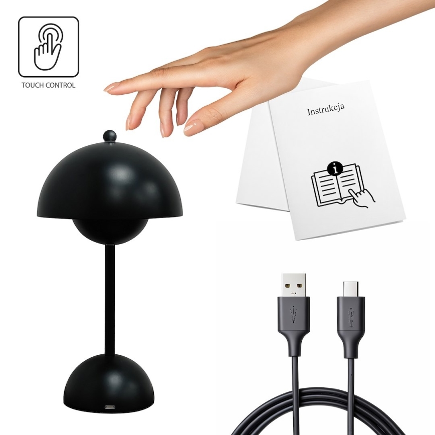 LED-ladattava kosketusohjattu pöytävalaisin COSTA LED/3W/5V 2400 mAh 3000-6000K musta