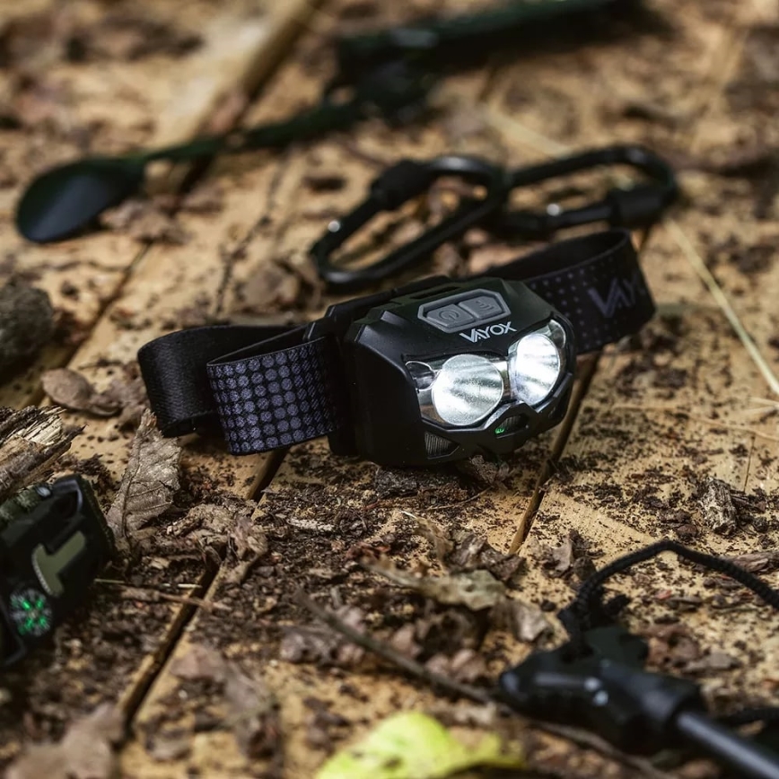 LED-säädettävä ladattava otsalamppu sensorilla ja punaisella valolla 2xLED/5W/5V/3xAAA IP65 500 lm 1200 mAh