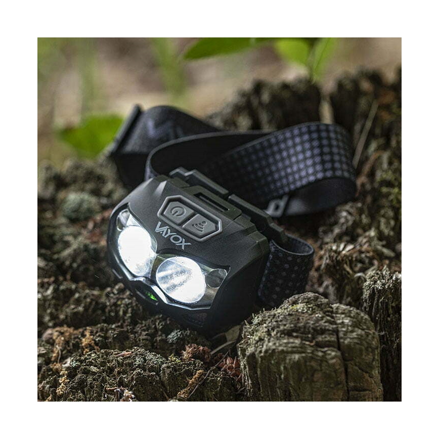 LED-säädettävä ladattava otsalamppu sensorilla ja punaisella valolla 2xLED/5W/5V/3xAAA IP65 500 lm 1200 mAh