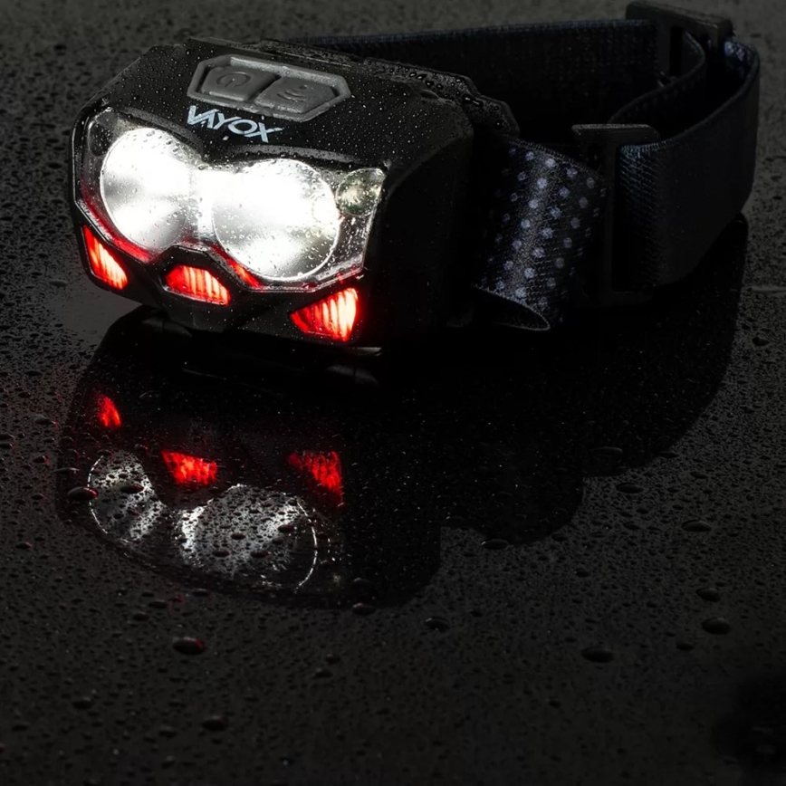 LED-säädettävä ladattava otsalamppu sensorilla ja punaisella valolla 2xLED/5W/5V/3xAAA IP65 500 lm 1200 mAh