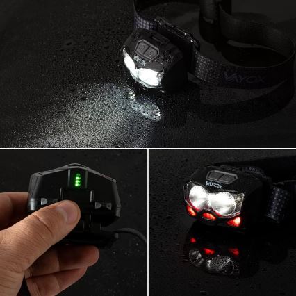 LED-säädettävä ladattava otsalamppu sensorilla ja punaisella valolla 2xLED/5W/5V/3xAAA IP65 500 lm 1200 mAh