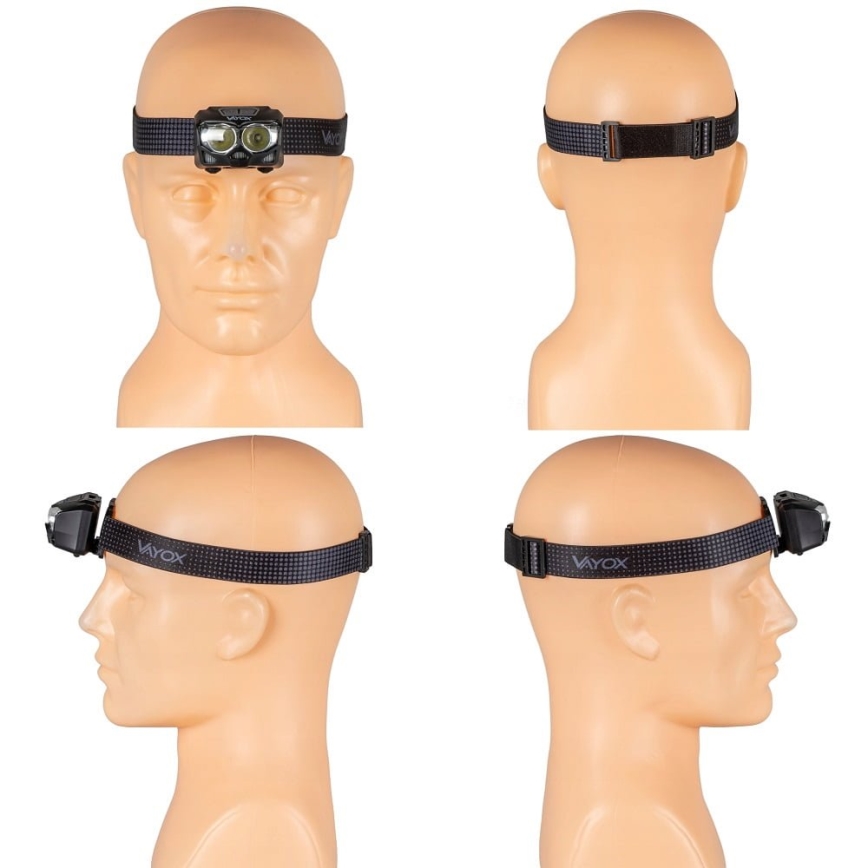 LED-säädettävä ladattava otsalamppu sensorilla ja punaisella valolla 2xLED/5W/5V/3xAAA IP65 500 lm 1200 mAh