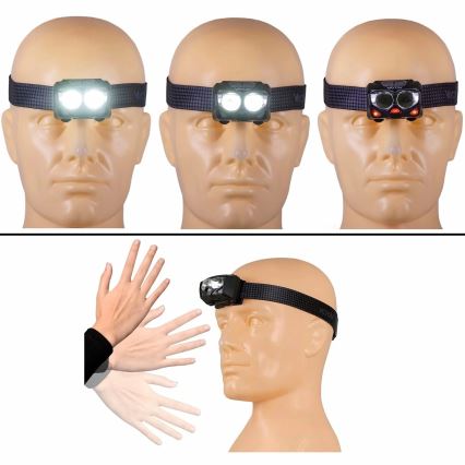 LED-säädettävä ladattava otsalamppu sensorilla ja punaisella valolla 2xLED/5W/5V/3xAAA IP65 500 lm 1200 mAh