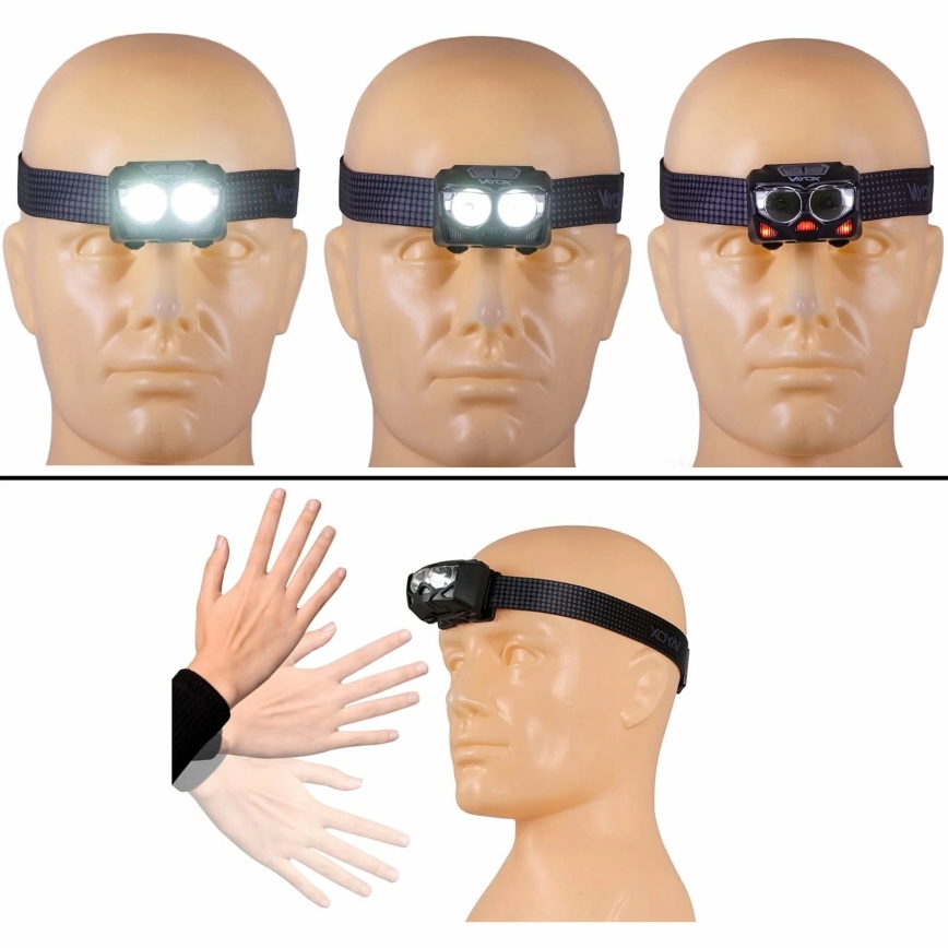 LED-säädettävä ladattava otsalamppu sensorilla ja punaisella valolla 2xLED/5W/5V/3xAAA IP65 500 lm 1200 mAh