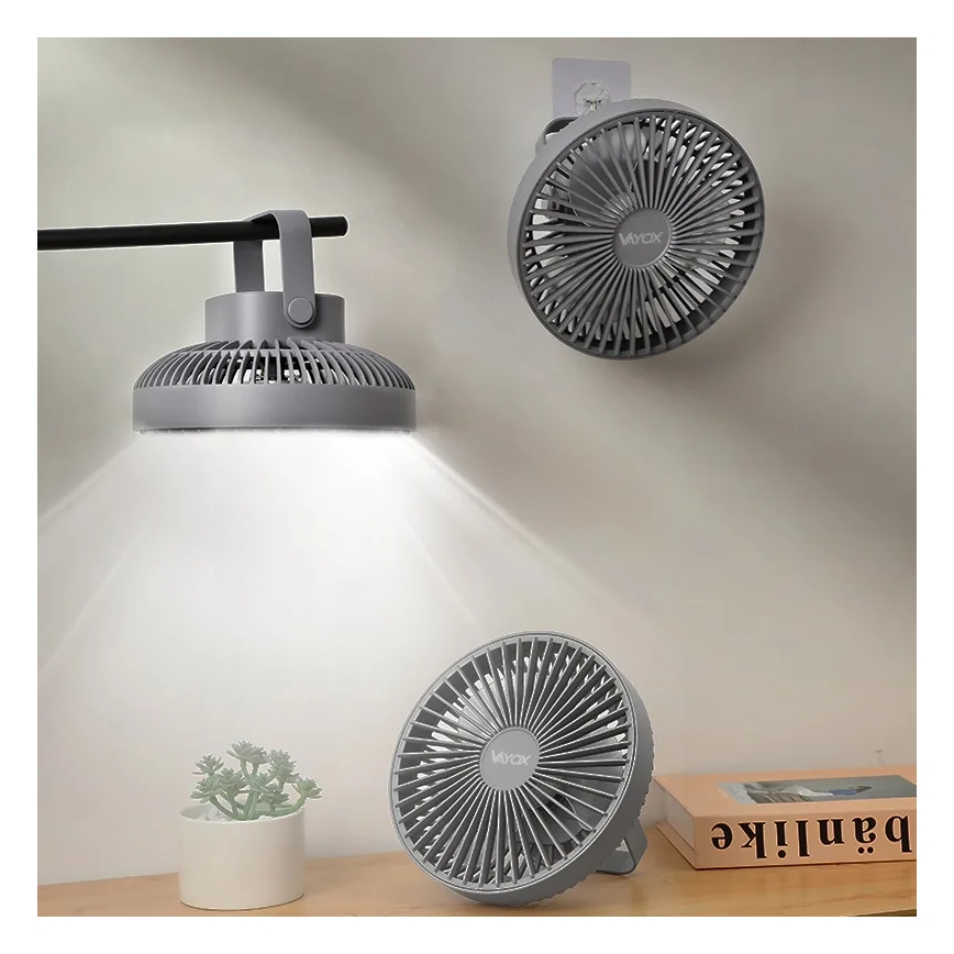 LED Ladattava pöytä tuuletin LED-valolla LED/2W/5V USB 2400 mAh harmaa