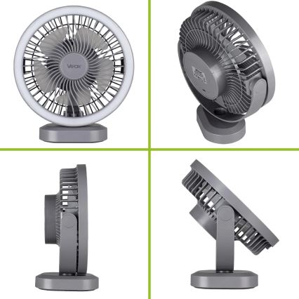 LED ladattava pöytätuuletin LED-valaistuksella LED/3W/5V USB 2400 mAh harmaa