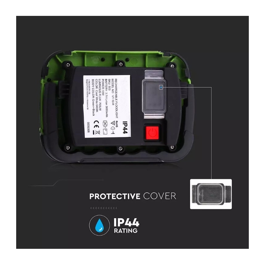 LED ladattava valonheitin SAMSUNG CHIP LED/10W/3,7V IP44 4000K 3600 mAh vihreä