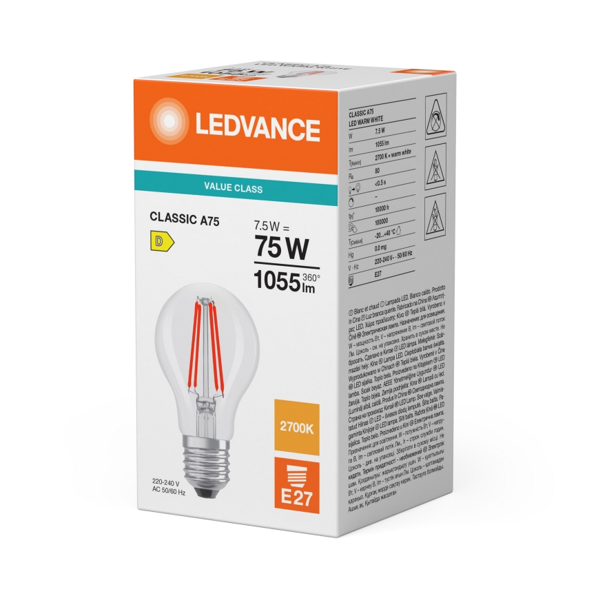 LED-lamppu CLASSIC FILAMENT A60 E27/7,5W/230V 2700K - Ledvance