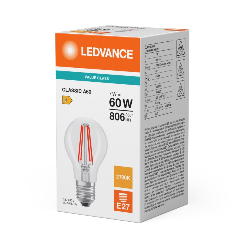 LED-lamppu CLASSIC FILAMENT A60 E27/7W/230V 2700K - Ledvance