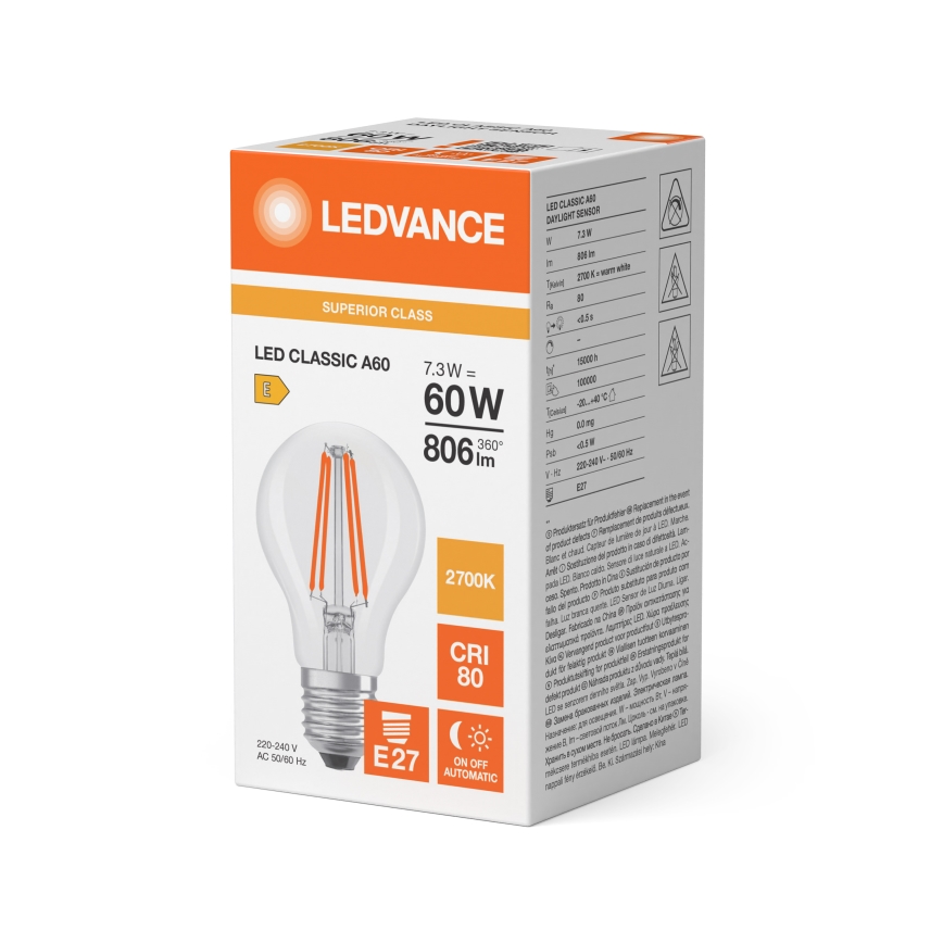 LED-lamppu hämäräanturilla CLASSIC FILAMENT A60 E27/7,3W/230V 2700K - Osram