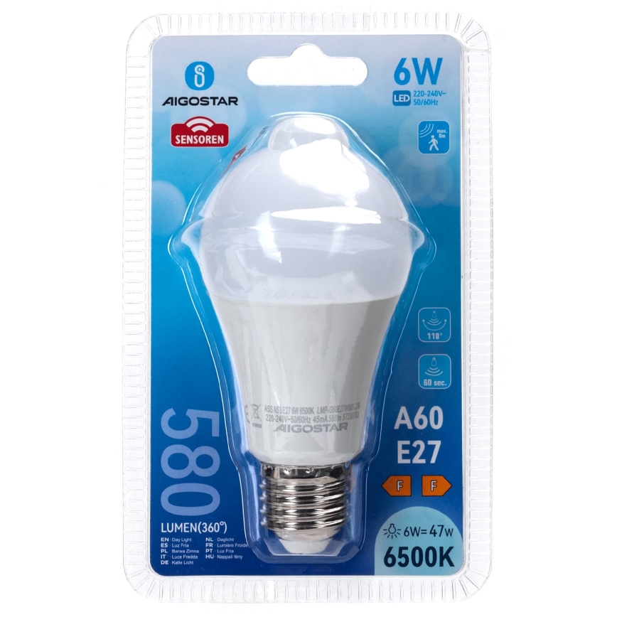 LED-lamppu liike- ja hämärätunnistimella A60 E27/6W/230V 6500K - Aigostar